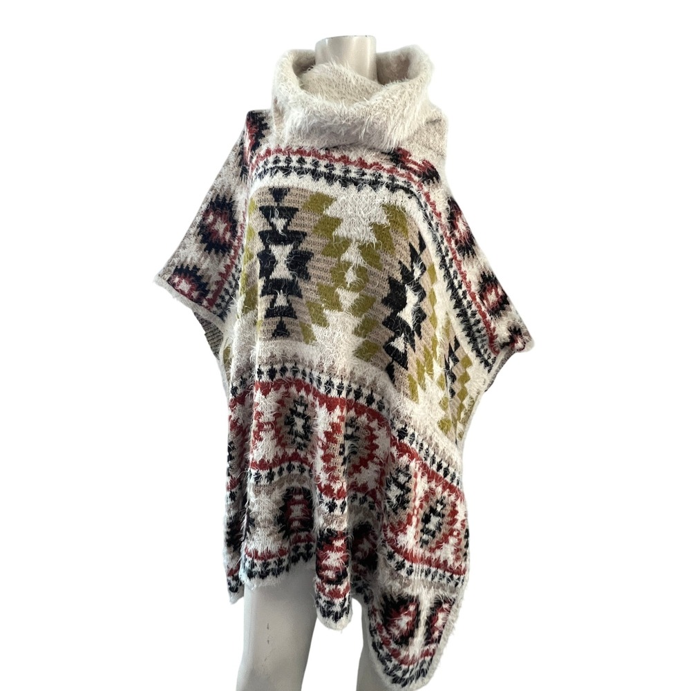 Boho Aztec Poncho Sweater Cowl Neck Fuzzy Knit‎ Pullover Cape Shawl Cabincore
